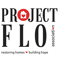 Logo for Project FLO Association featuring a house icon with a heart. Text reads "restoring homes ♥ building hope.